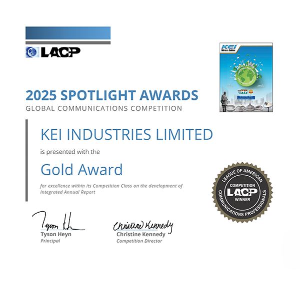 LACP 2025 Spotlight Awards Gold Award certificate presented to KEI Industries Limited