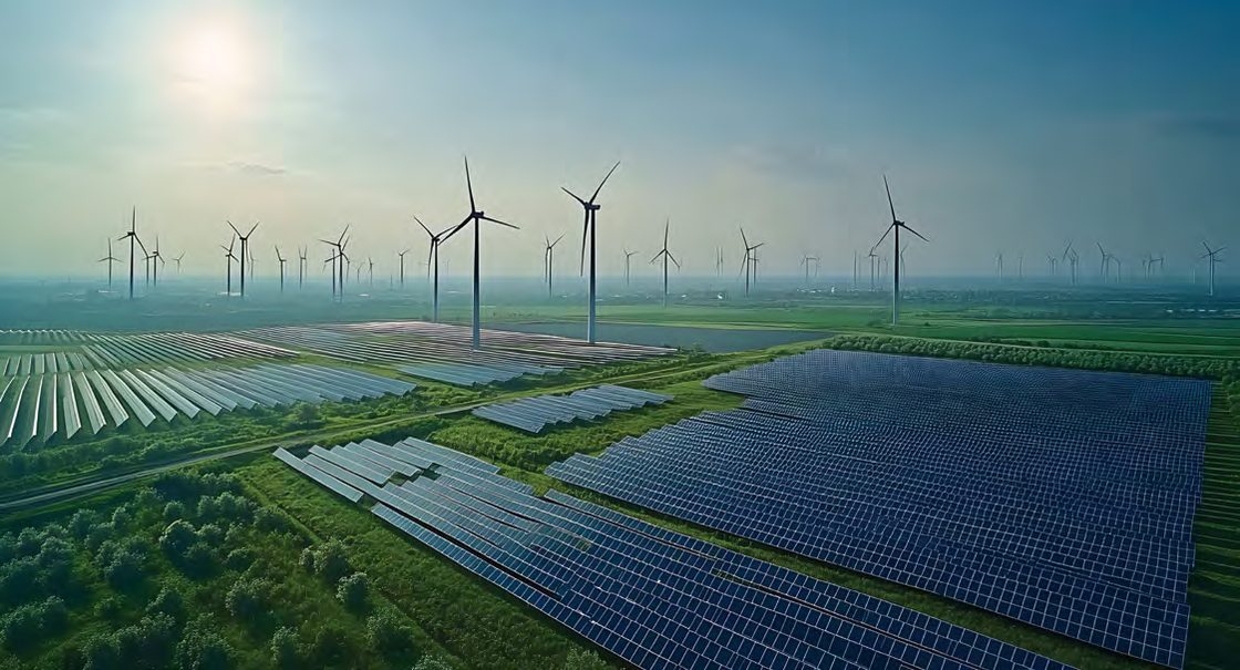 Solar panels and wind turbines under a bright sky
