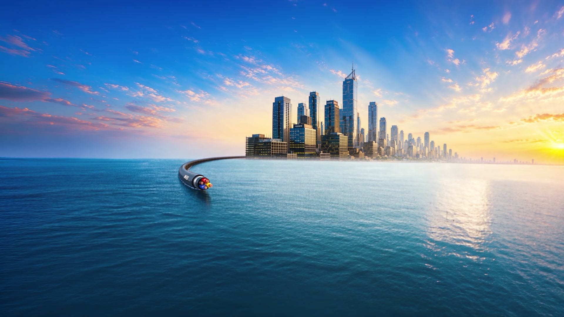 KEI cable curving along a waterfront city skyline