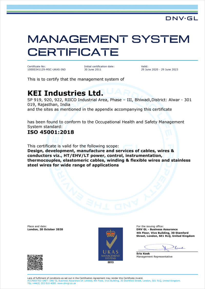 Management System Certificate - 2015 | KEI IND