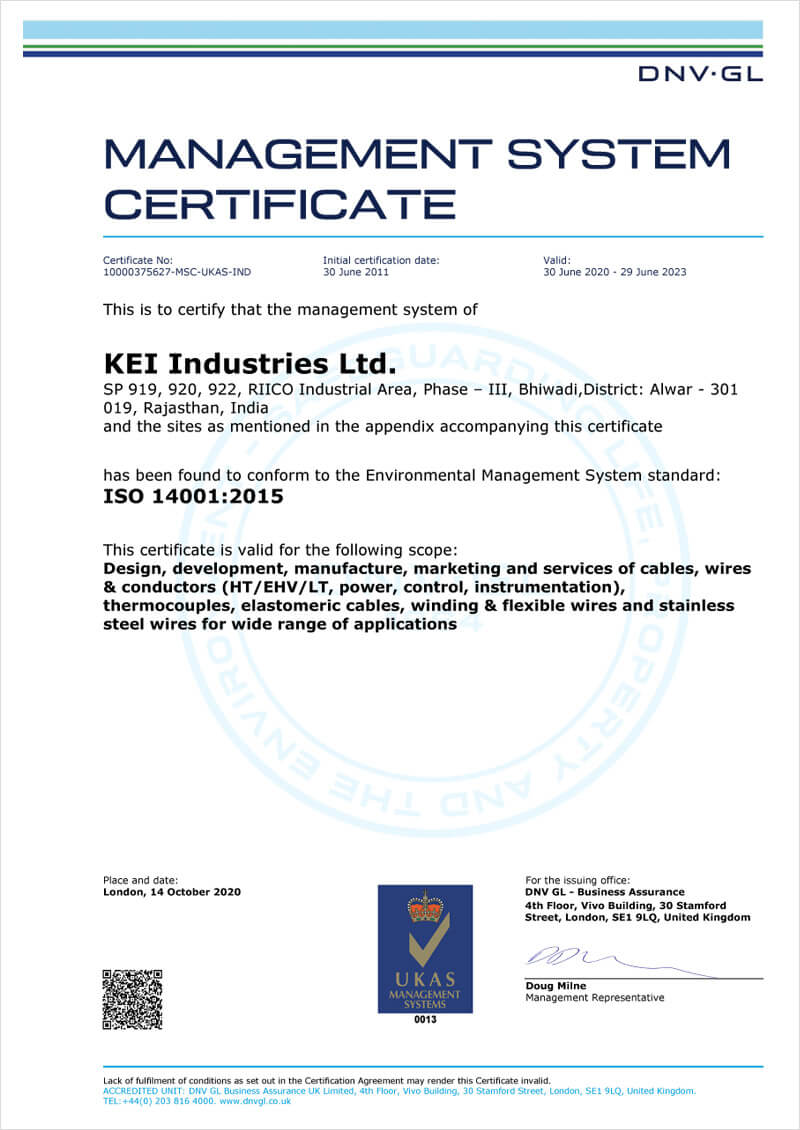 Management System Certificate - 2018 | KEI IND