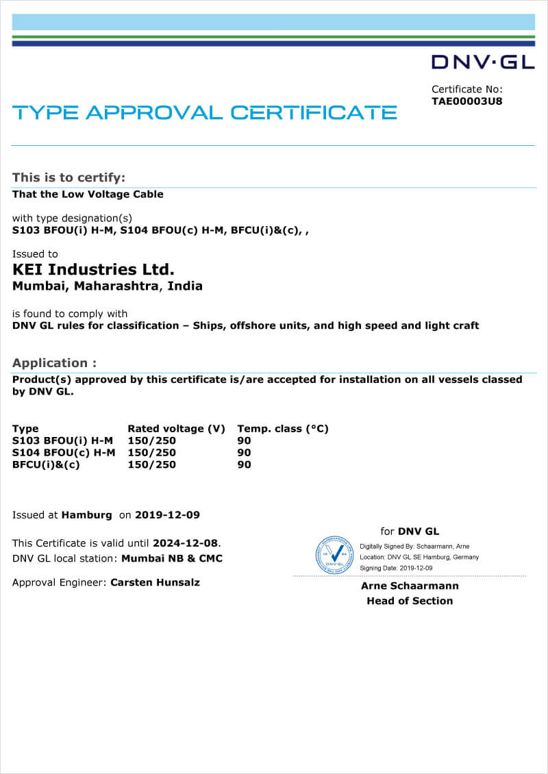 Type Approval Certification LV Cables 1 | KEI IND